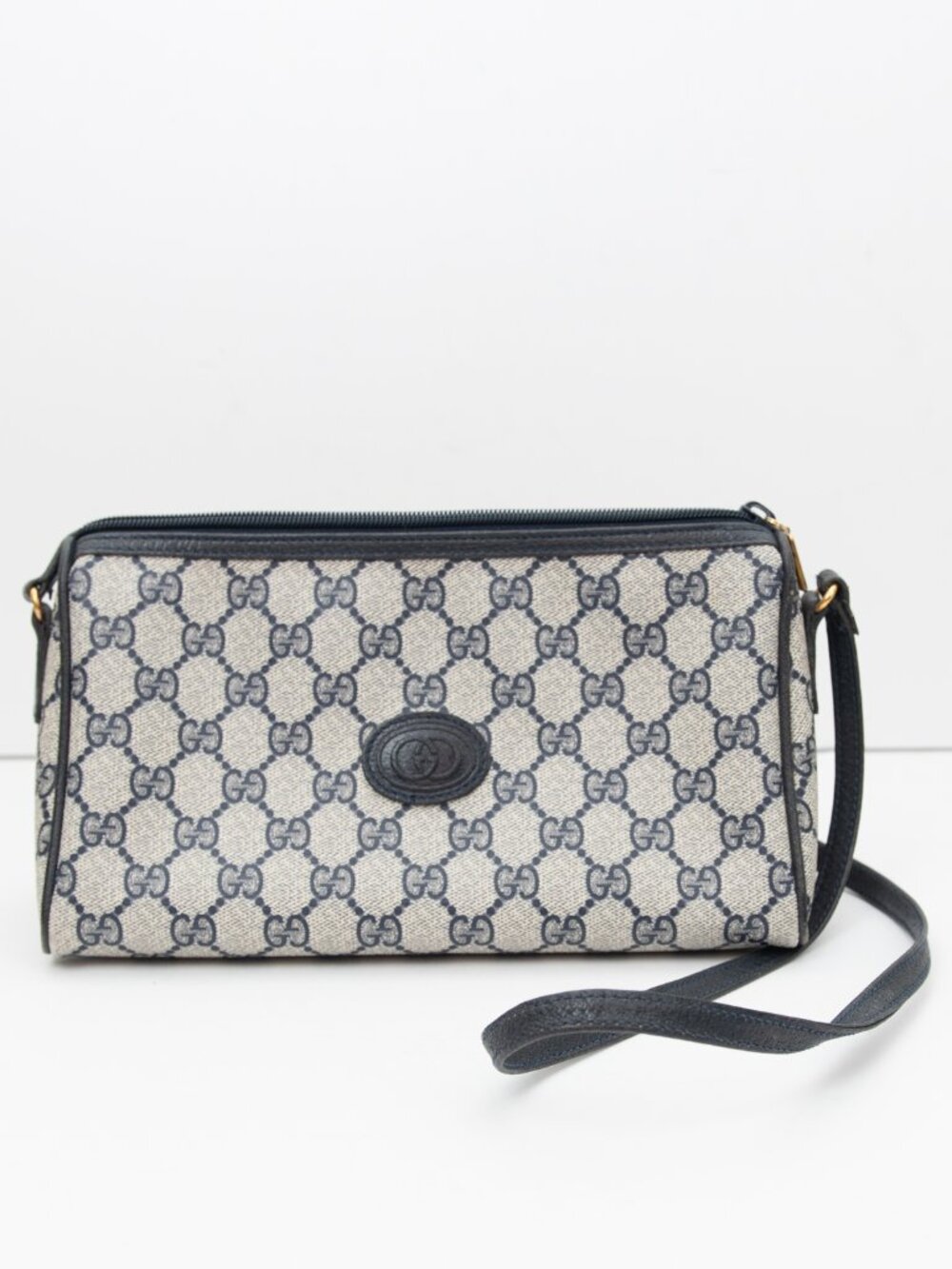 Vintage Gucci GG Supreme Monogram Camera Crossbody Bag 1980s Purse Navy Blue